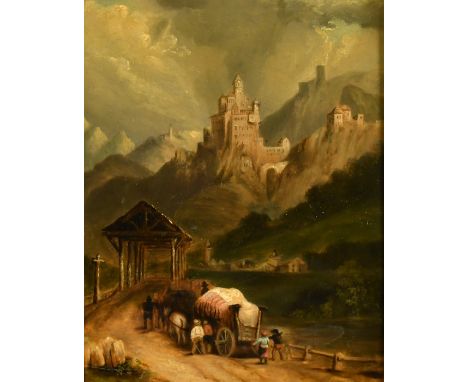 19th Century Continental School, a pair of oil on panel paintings of castles in mountainous landscapes, each 5.5" x 4.5", (14
