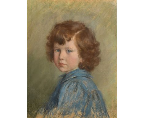 Circle of Thomas Cooper Gotch, A bust length portrait of a young girl in a blue smock, pastel, possible monogram lower left a