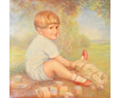 G.M. Imberger, Portrait of a young boy with his teddy bear, oil on canvas, signed and dated 1942, 25.5" x 26.5", (65x67cm) (u