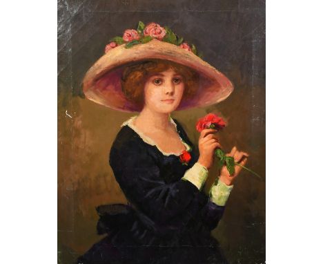 French School, Circa 1935, a half length portrait of a lady holding a red flower, oil on canvas, indistinctly signed, 27" x 2