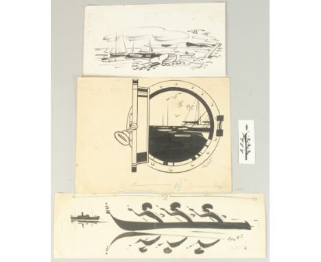 Edward Sylvester Hynes (1897-1982) Irish, Sailing boats off the coast, pen and ink, signed and inscribed in pencil, 6" x 11",