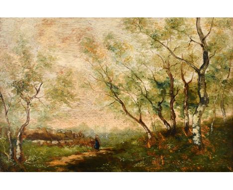 Circle of Trouillebert (circa 1880), Figures on a track near thatched dwellings and silver birch trees, oil on panel, 13" x 1