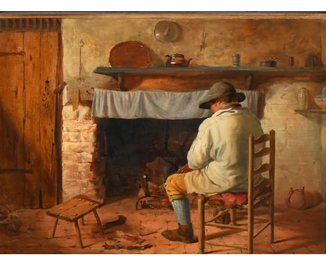 Cranbrook Colony (19th Century), 'The Old Batchelor', scene of a seated man in a cottage interior, oil on panel, 7" x 9" (17.