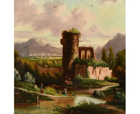 Ruault, French School, Circa 1860, a pair of oil on panel scenes of figures gathered by a river with castle ruins beyond, sig