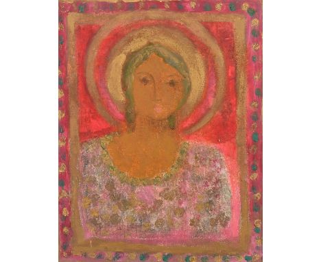 Circle of Dora Holzhandler, A portrait of a female Saint and a male figure with a bird, tempera on canvas laid on board, both