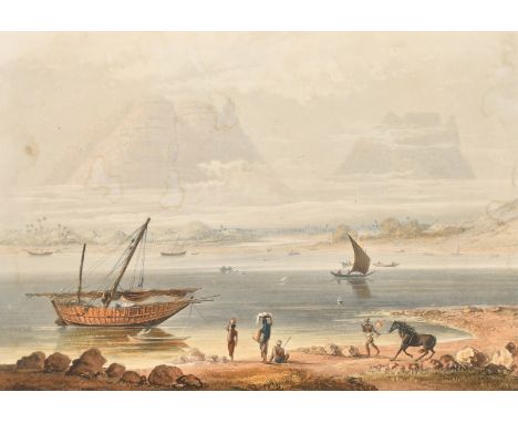 William Daniell, 'Morning view from Calliann near Bombay', a coloured aquatint, stained and trimmed, label verso, 8.25" x 11.