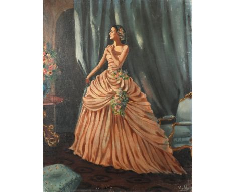 20th Century French School, a portrait of an elegant lady, oil on canvas, indistinctly signed, 25.5" x 20" (65 x 60cm), (unfr