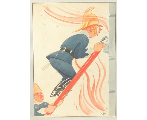 Edward Sylvester Hynes (1897-1982) Irish, Two fireman one up a ladder, signed, 13" x 9.5", (33x24cm) along with a fireman loo