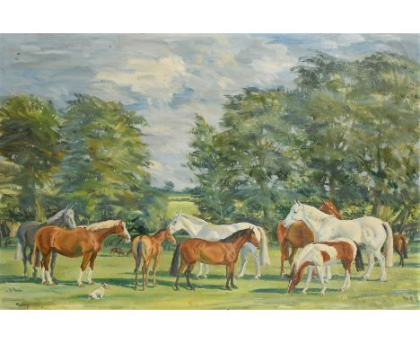 K. Money, Australian, A group of horses and three dogs in a landscape, signed and dated 1961, oil on board, 28" x 40", (71x 1