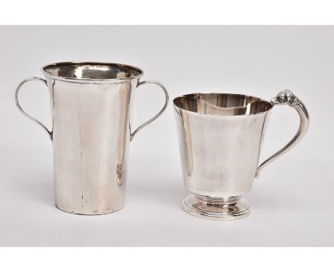 TWO EARLY 20TH CENTURY CHRISTENING CUPS, the first of plain tapered form, the top handle terminal depicting a dog's head, hal