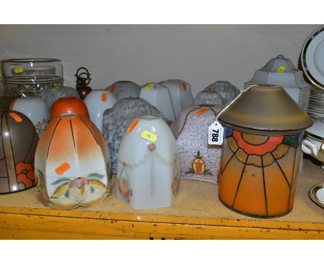 EIGHTEEN SMALL VINTAGE LAMPSHADES, mainly glass, in a range of styles, height of tallest 25cm, also brass and copper lampshad
