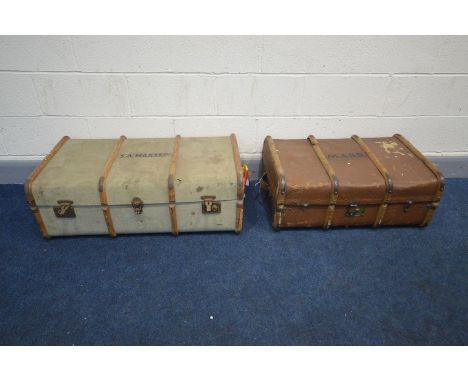 TWO VINTAGE TRAVELLING TRUNKS (one trunk missing handles)