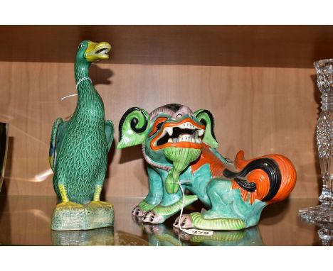 A CROWN STAFFORDSHIRE EARTHENWARE LAMP BASE IN THE FORM OF A FU DOG, no fittings, printed marks, height 17cm, together with a