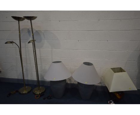 A PAIR OF MODERN GREY VASE SHAPED TABLE LAMPS,  a multi coloured glazed table lamp, and two standard lamps with upward facing