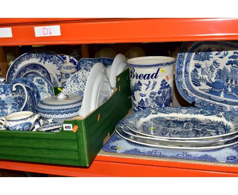 TWO BOXES AND LOOSE BLUE AND WHITE CERAMICS, to include several meat plates, largest 50cm x 38cm, Maling 'Duchess' tureen, En