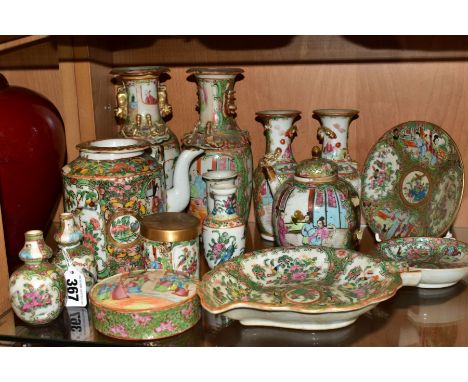 A COLLECTION OF 19TH AND EARLY 20TH CENTURY CANTON FAMILLE ROSE DECORATED PORCELAIN, including three pairs of vases, heights 