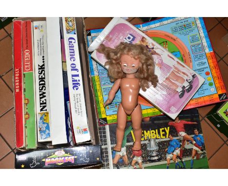 A QUANTITY OF TOYS AND GAMES, to include boxed Denys Fisher 'Wanda' doll, missing one arm, battery box cover and clothing, no