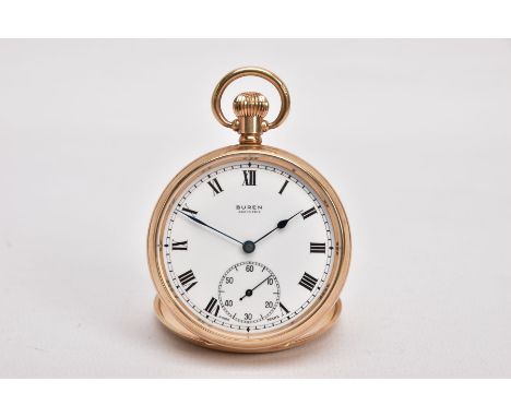 A 9CT GOLD 'BUREN' OPEN FACE POCKET WATCH, round gold dial signed 'Buren, Grand Prix', Roman numerals, seconds subsidiary dia