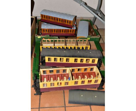 A QUANTITY OF G SCALE COACHING STOCK, assorted narrow gauge coaches, all appear to be scratchbuilt or conversions of LGB or B