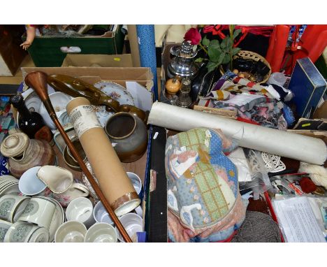 FOUR BOXES AND LOOSE, CERAMICS, METALWARES, TEXTILES, ETC, including Royal Doulton 'Earthflower' cups and saucers, loose cutl