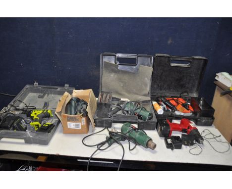 A GUILD 18V CORDLESS DRILL with two batteries and charger, a Black and Decker Electric Planer, a Bosch 4in angle grinder, a B