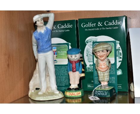 THREE ROYAL DOULTON GOLFING RELATED FIGURES AND SIX GOLF CLUBS, comprising two boxed limited edition figure Penfold Golfer MC