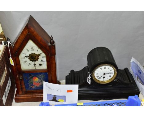 TWO LATE 19TH CENTURY MANTEL CLOCKS, comprising an Ansonia Brass and Copper Company of Conneticut Steeple shaped clock with p