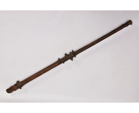 AN 18TH CENTURY GNARLED WOOD, INLAID PIN WORK AND PAINTED WALKING CANE, the smoothed top bearing inlaid inverted WB Wire Work