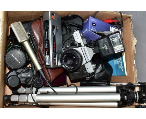 A BOX OF PHOTOGRAPHIC EQUIPMENT etc, comprising a Praktica MTL3 camera body, Pentacon 50mm f1.8 lens, Hanimex 135mm f2.8 lens