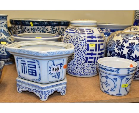 MODERN CHINESE BLUE AND WHITE CERAMICS, to include a stick stand, pumpkin shaped storage jars, jardinières, pair of baluster 