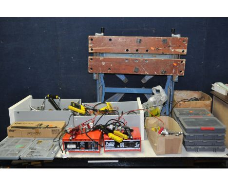 A QUANTITY OF TOOLS including pop riveters and rivets, spray gun heads, 8 trays of screws and nails, two battery chargers, a 