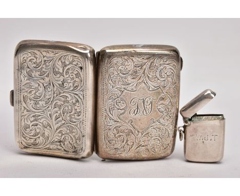A SILVER CIGARETTE CASE AND A VESTA, rounded rectangular cigarette case with an engraved floral design and an engraved monogr