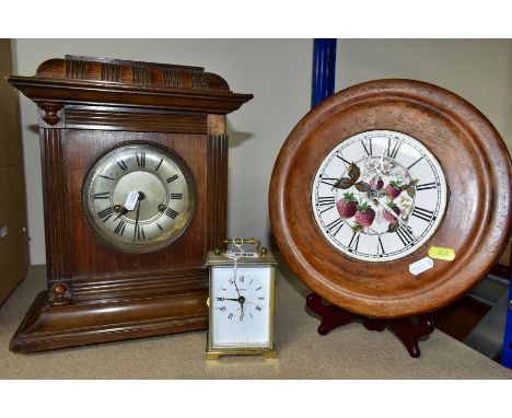 A GROUP OF THREE CLOCKS comprising a Metamec quartz carriage clock (some wear, rubbing and scratches to case), height 11.5cm,