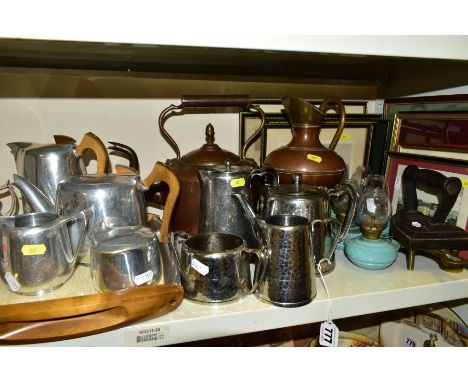 A GROUP OF METALWARES AND PICTURES, to include a vintage Picquot Ware set comprising tea pot (stained interior), coffee pot, 