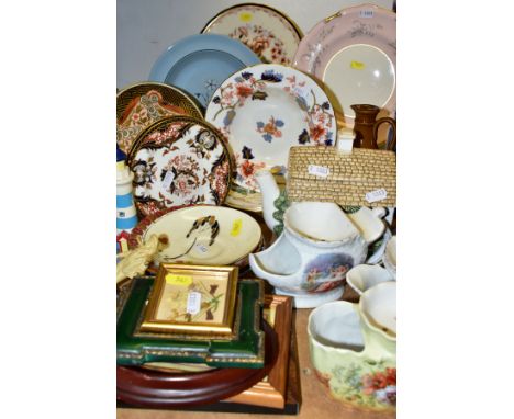 A GROUP OF CERAMICS AND SUNDRY ITEMS, to include three vintage shaving mugs, unmarked novelty teapot in the shape of a cottag