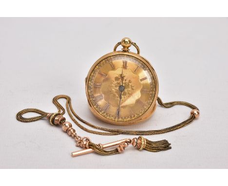 AN EARLY VICTORIAN 18CT GOLD OPEN FACE POCKET WATCH AND AN ALBERTINA, the gold coloured face with engraved floral detail to t