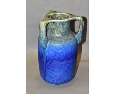 RUSKIN POTTERY, a three handled bottle shaped vase, mottled green fading to blue glaze, inscribed W. Howson Taylor and impres