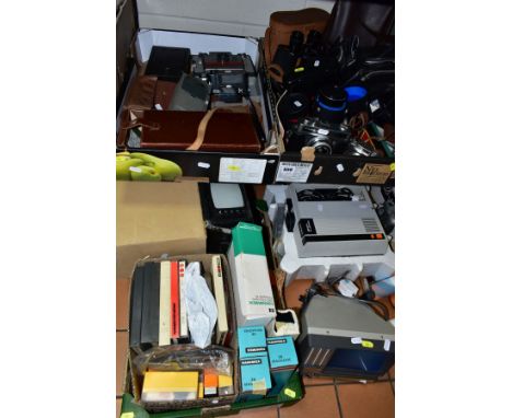 THREE BOXES AND LOOSE VINTAGE PHOTOGRAPHIC AND FILM EQUIPMENT, to include Hanimex E300 Dual 8 Movie Editor (boxed), Hanimex R