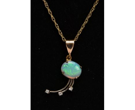 AN OPAL AND DIAMOND PENDANT NECKLACE, the pendant designed with a four-claw set, oval opal cabochon, beneath are three round 