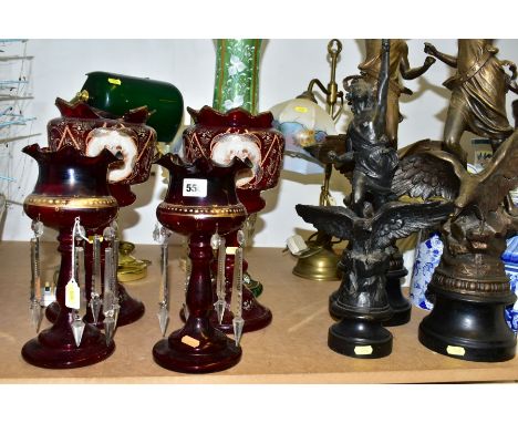A GROUP OF SPELTER FIGURES, TABLE LAMPS AND LATE 19TH CENTURY COLOURED GLASS LUSTRES, etc, the spelter figures comprise a pai
