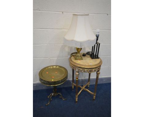 A LOUIS XVI STYLE GILT WOOD LAMP TABLE, with a circular marble insert, diameter 48cm x height 71cm, along with a brass wine t