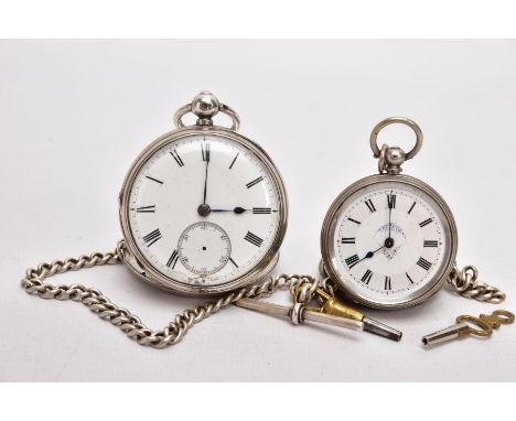 A SILVER OPEN FACE POCKET WATCH AND ONE OTHER, round white dial. Roman numerals, seconds subsidiary dial at the six o'clock p