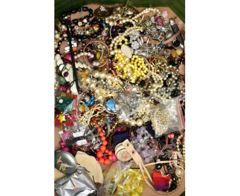 A BOX OF COSTUME JEWELLEY, to include a small bag of yellow metal jewellery, gross weight 3.1 grams, beaded necklaces, bracel