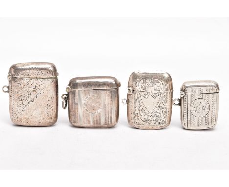 FOUR EARLY 20TH CENTURY SILVER VESTAS, two engraved with a foliate design and vacant cartouches, each fitted with a suspensio