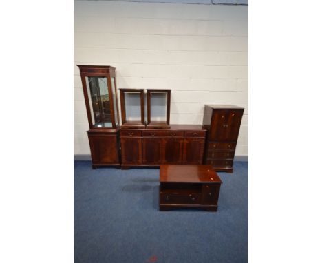 SIX PIECES OF MAHOGANY LOUNGE FURNITURE, to include, a slim display cabinet, width 56cm x depth 35cm x height 189cm, sideboar