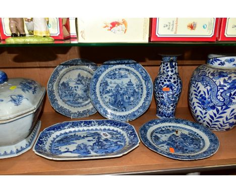 SEVEN PIECES OF CHINESE BLUE AND WHITE PORCELAIN, comprising a late 18th Century export meat plate of shaped rectangular form