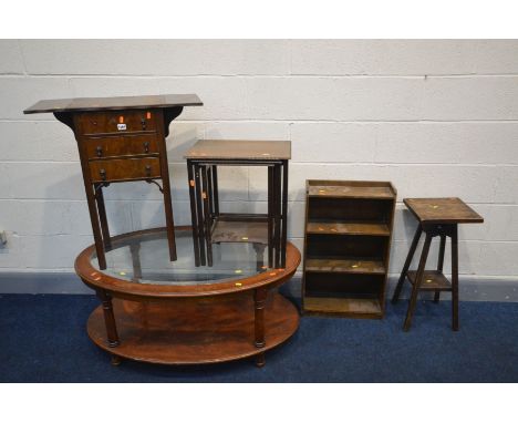 A QUANTITY OF OCCASIONAL FURNITURE, to include a drop leaf lamp table with three drawers, mahogany nest of three tables, oak 