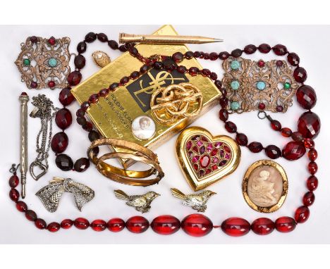 A SELECTION OF MAINLY COSTUME JEWELLERY, to include two graduated faceted red plastic bead necklaces, one comprising of facet