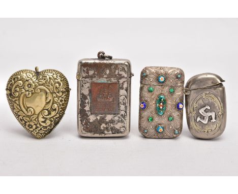FOUR METAL VESTAS, the first with triskelion symbol to the front, a heart shape vesta, one with scrolling decoration and atta