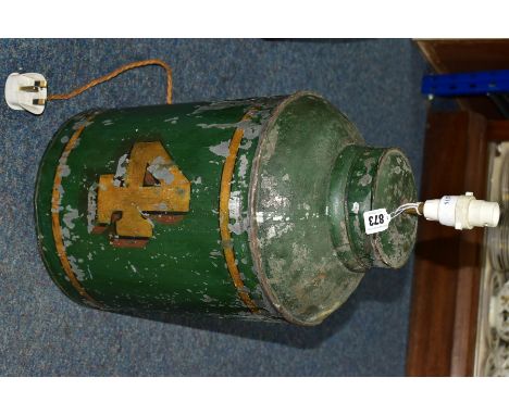EARLY 20TH CENTURY TOLEWARE TEA CANNISTER COVERTED INTO A LAMP, approximate height 54cm, has original manufacturers mark 'J.B
